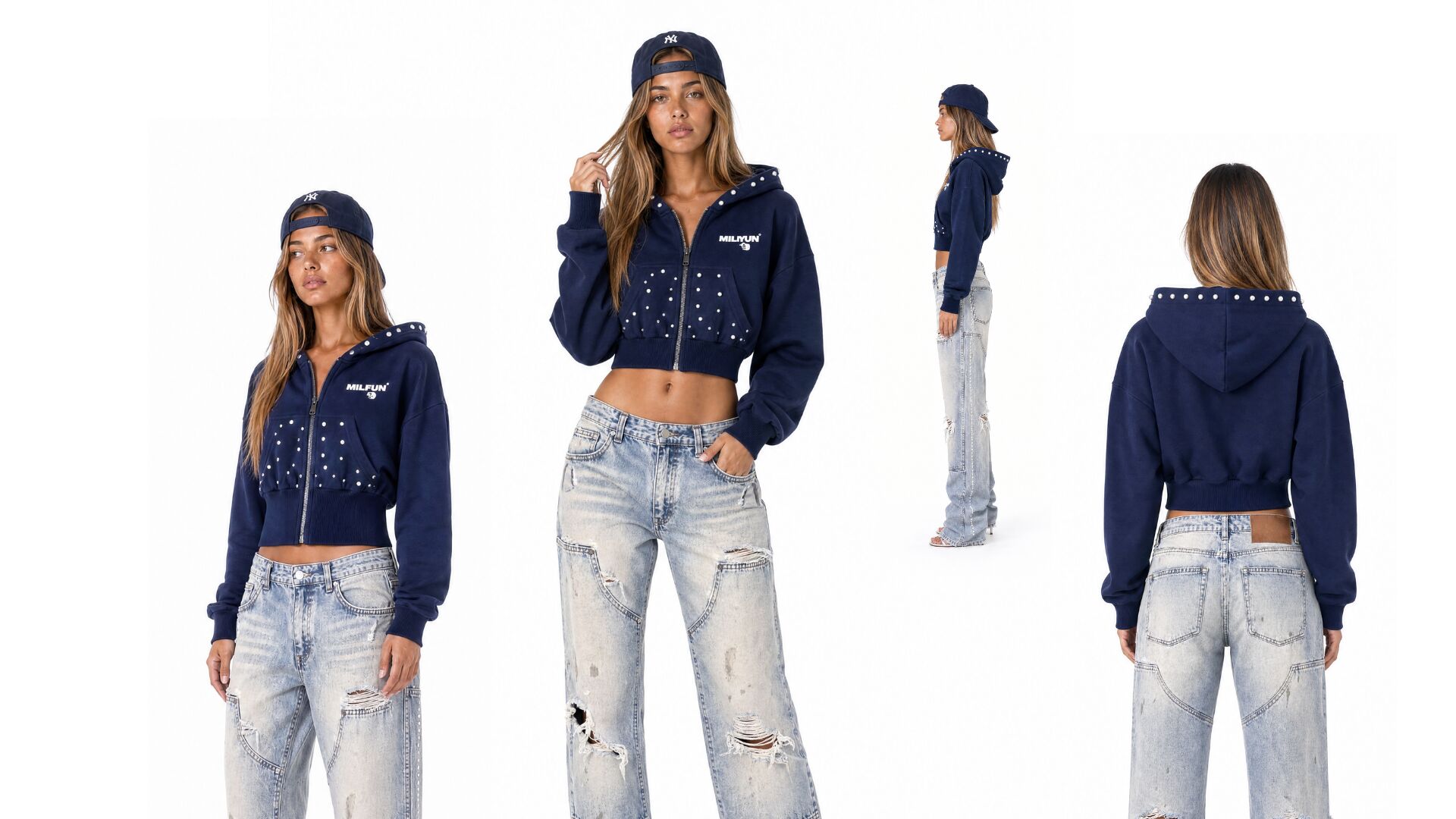 Four views of one navy studded hoodie — front, three-quarter, side and back — generated from a single garment photo.