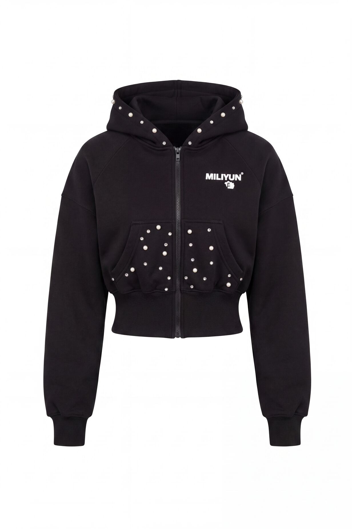 Ghost-mannequin product shot of a cropped studded hoodie, front view on white.