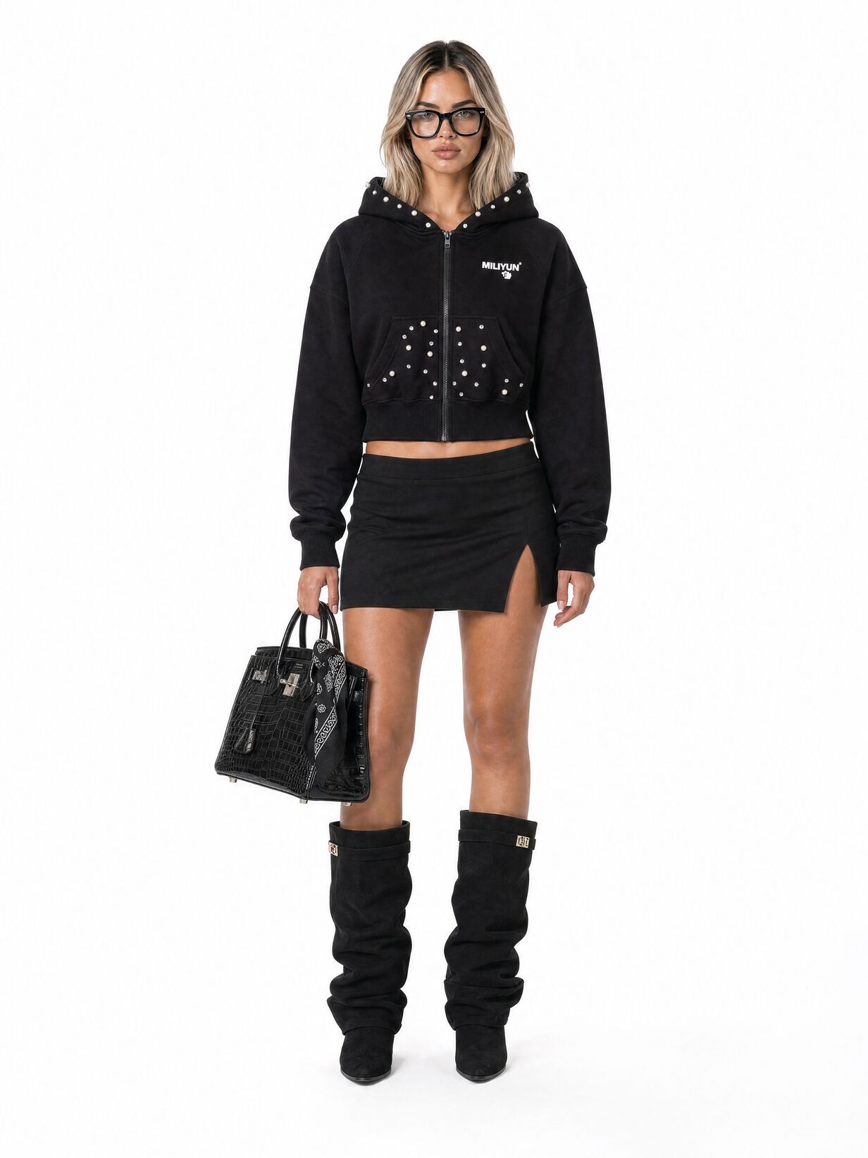 On-model try-on render of the same hoodie, full-length on white.