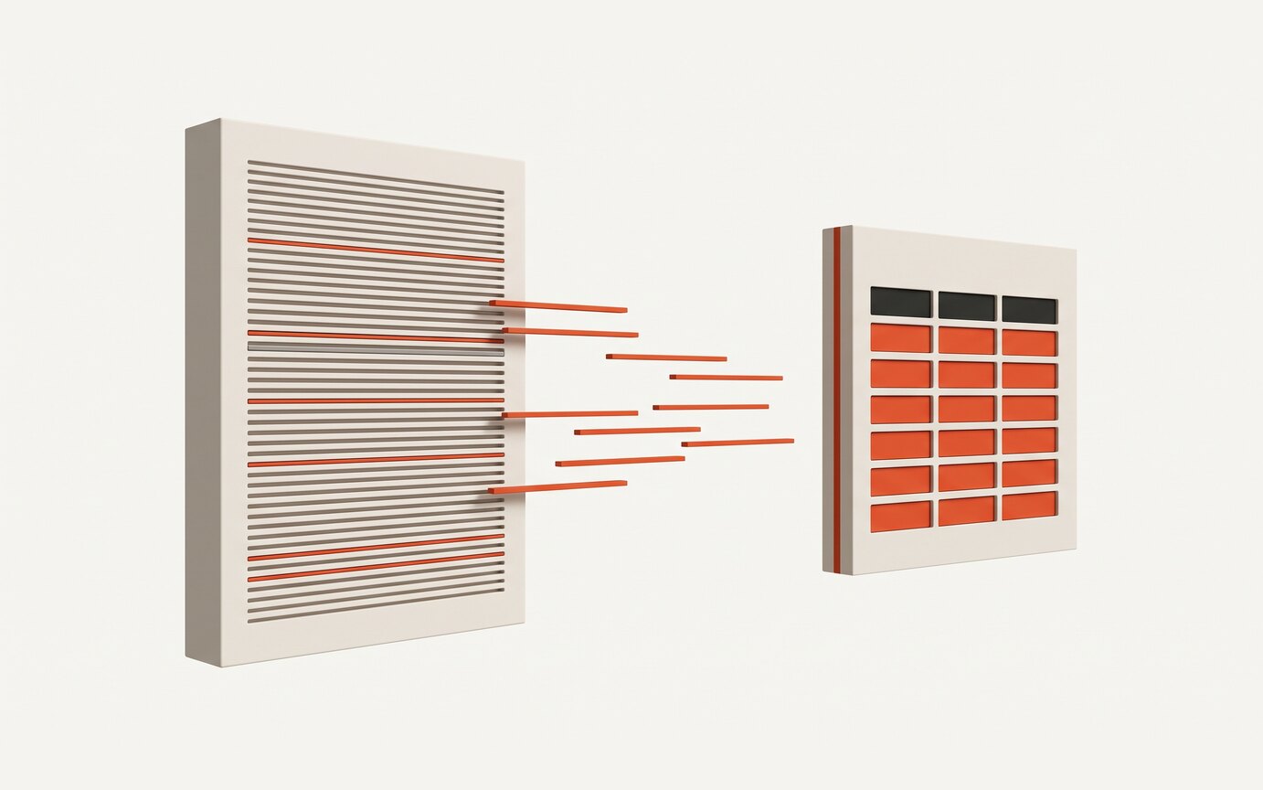 Diagram: ruled lines of a construction tender resolving into spreadsheet cells.
