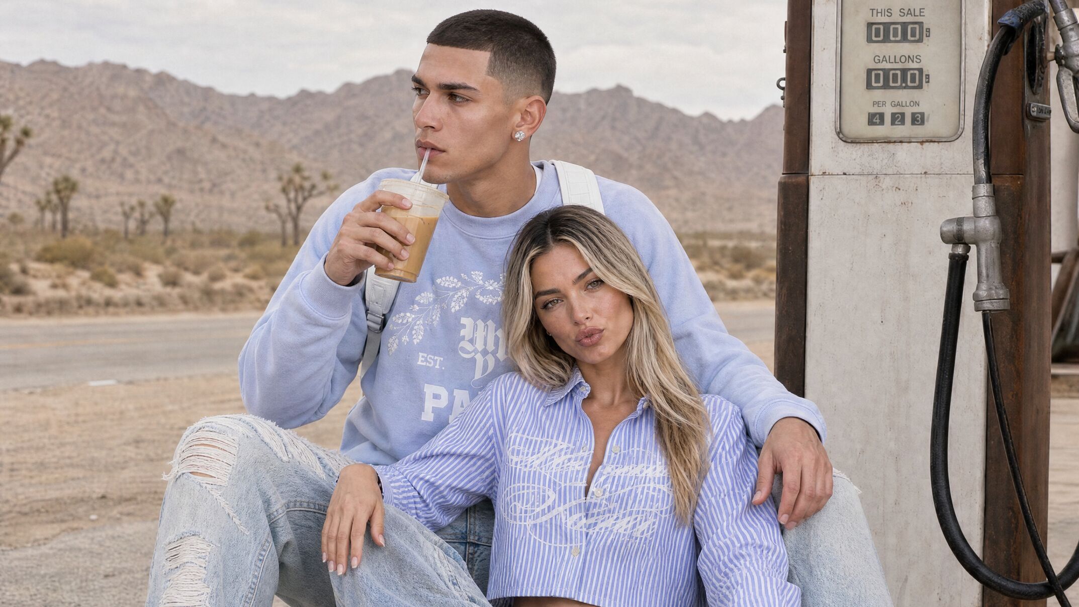 Editorial campaign still: two models seated at a desert filling station.