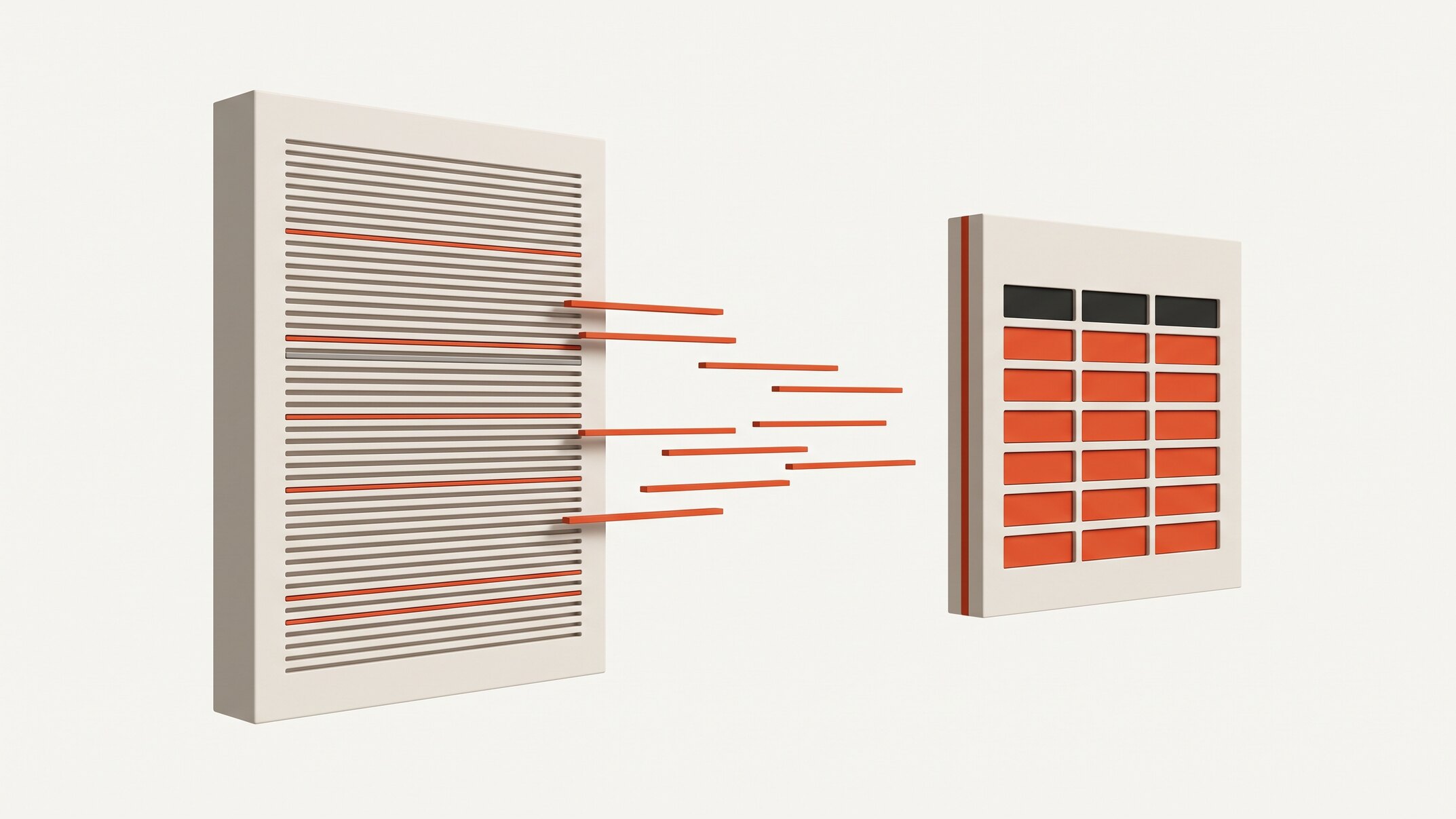 Diagram: ruled lines of a construction tender resolving into spreadsheet cells.